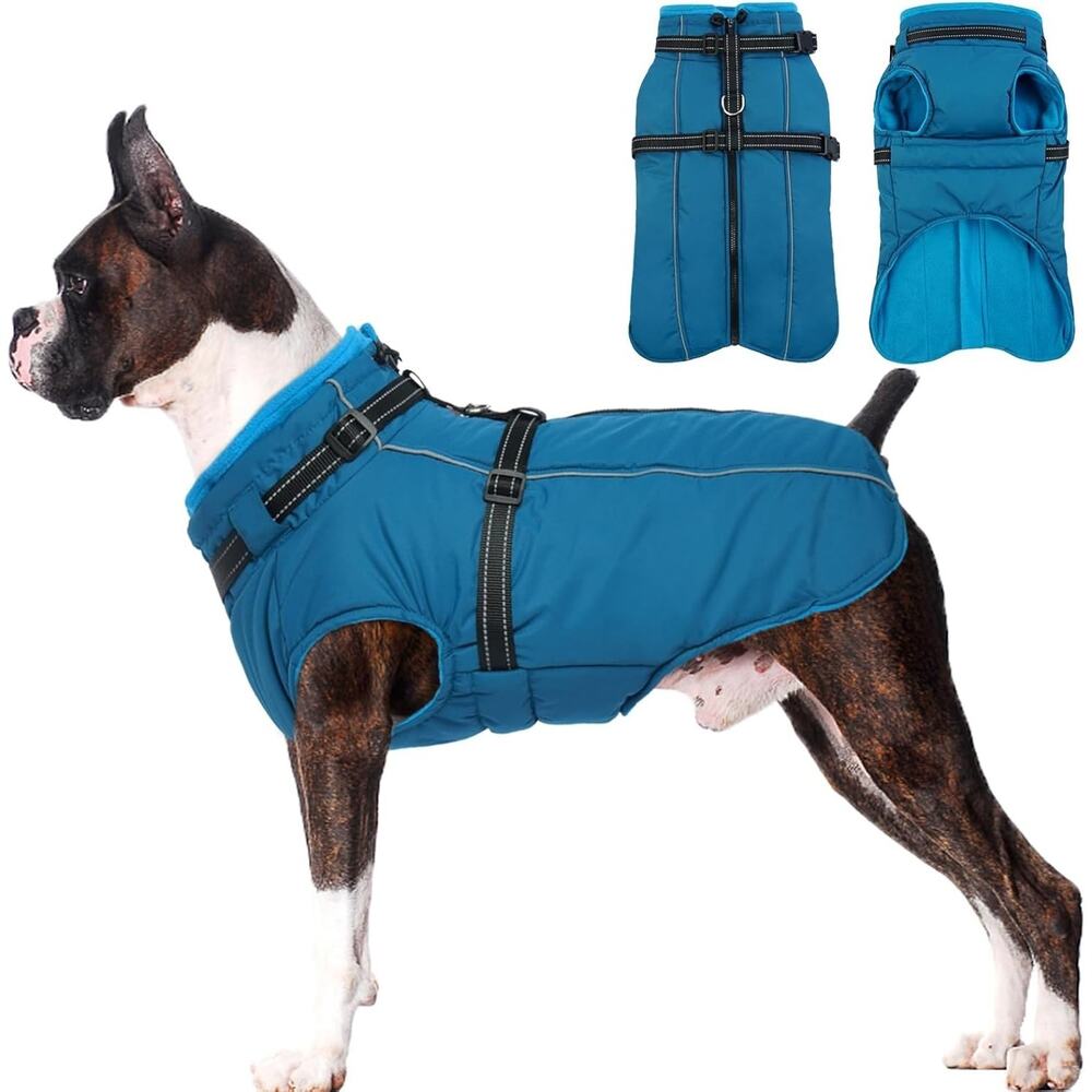 Dog Winter Coat Harness Medium Blue‎ Reflective Fleece Lined Dog Jacket NEW